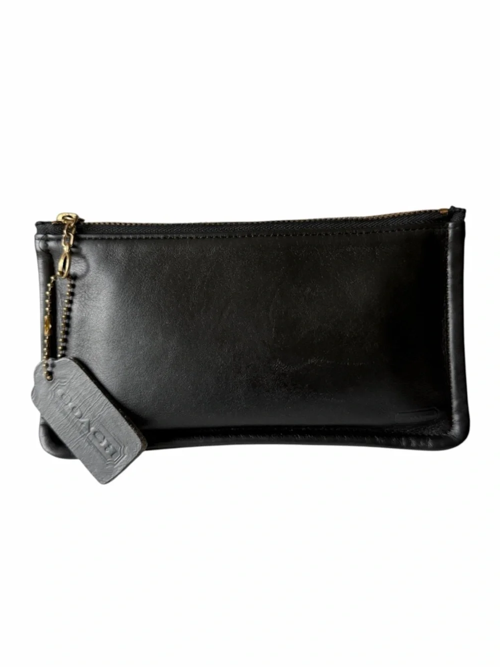 Vintage Coach 7170 Skinny Case Black Leather Striped Lining Zip Pouch